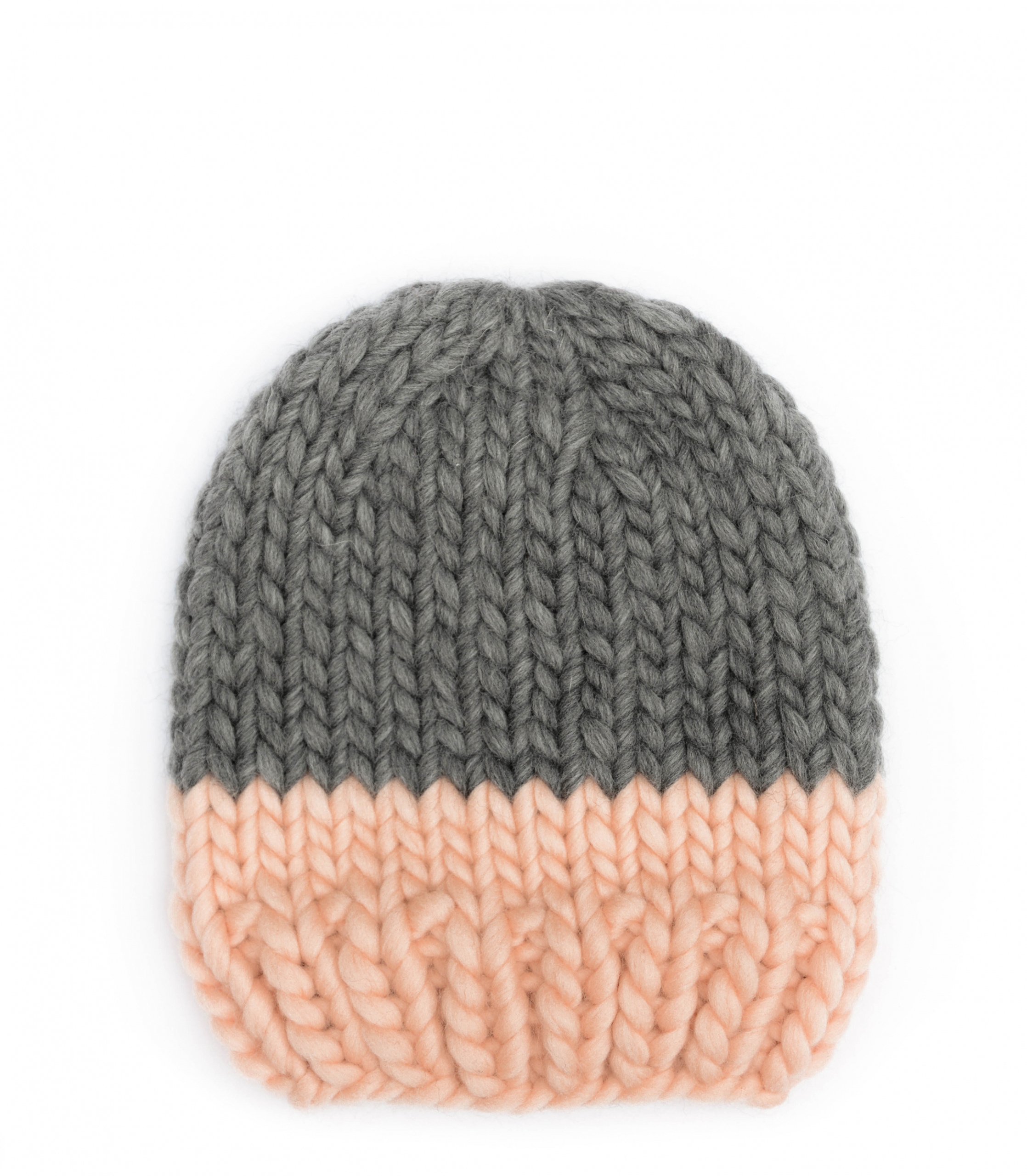 Handmade wool hats - Peach and Grey block colour beanie. Click to customise.