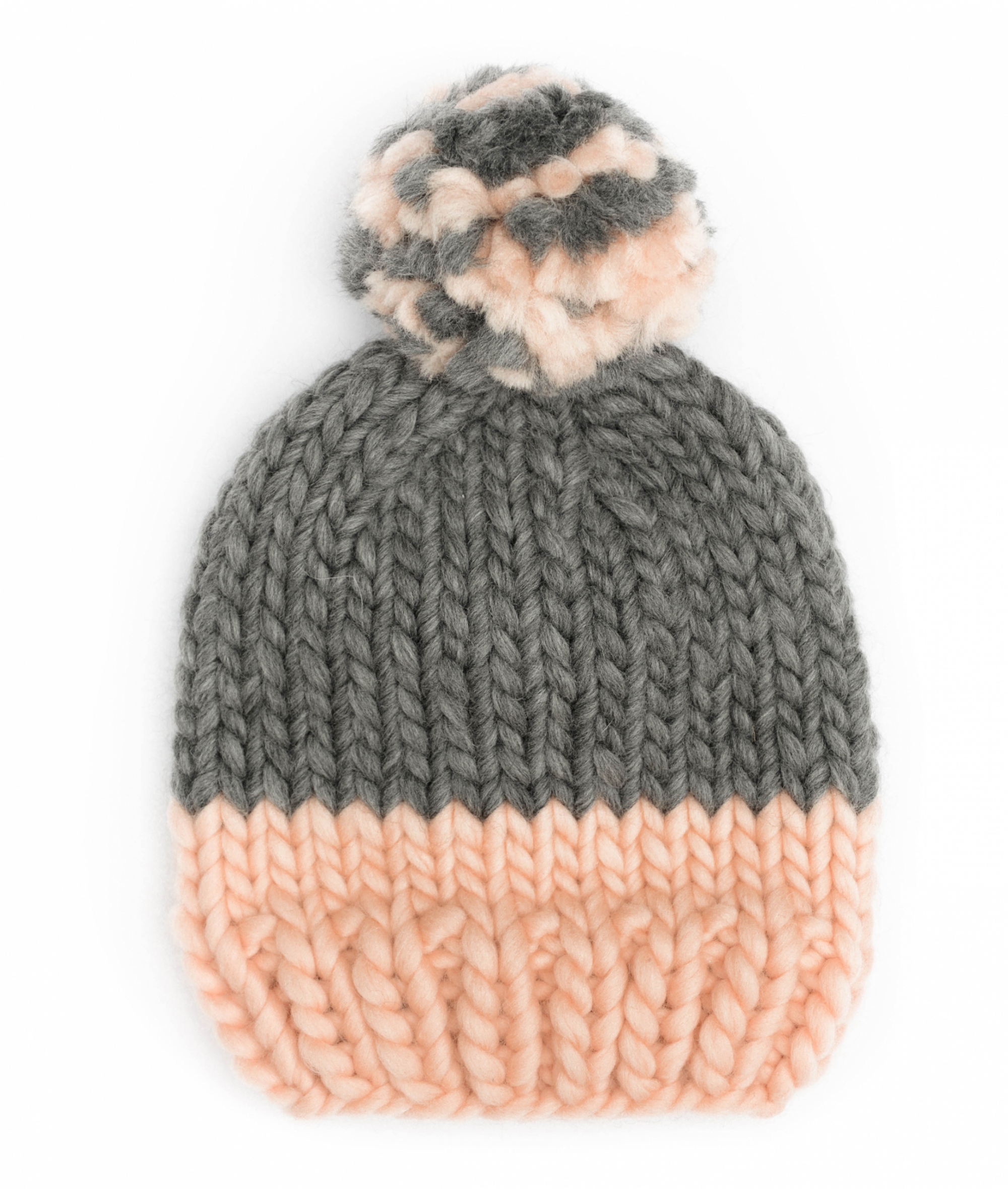 Handmade wool hats - Peach and grey block colour bobble hat. Click to customise.