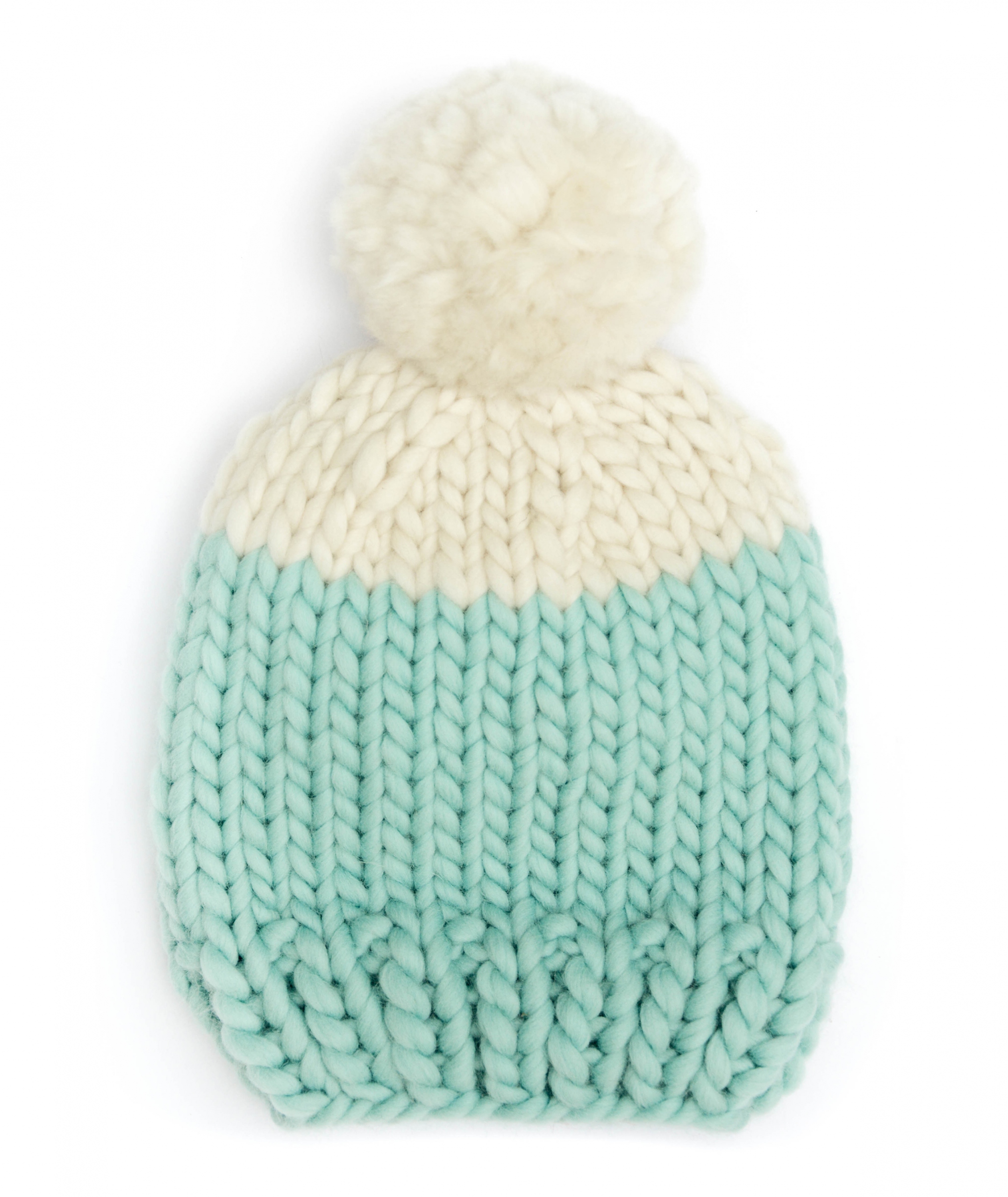 Handmade wool hats - Aqua and Ivory block colour bobble hat with Ivory pom pom. Click to customise.