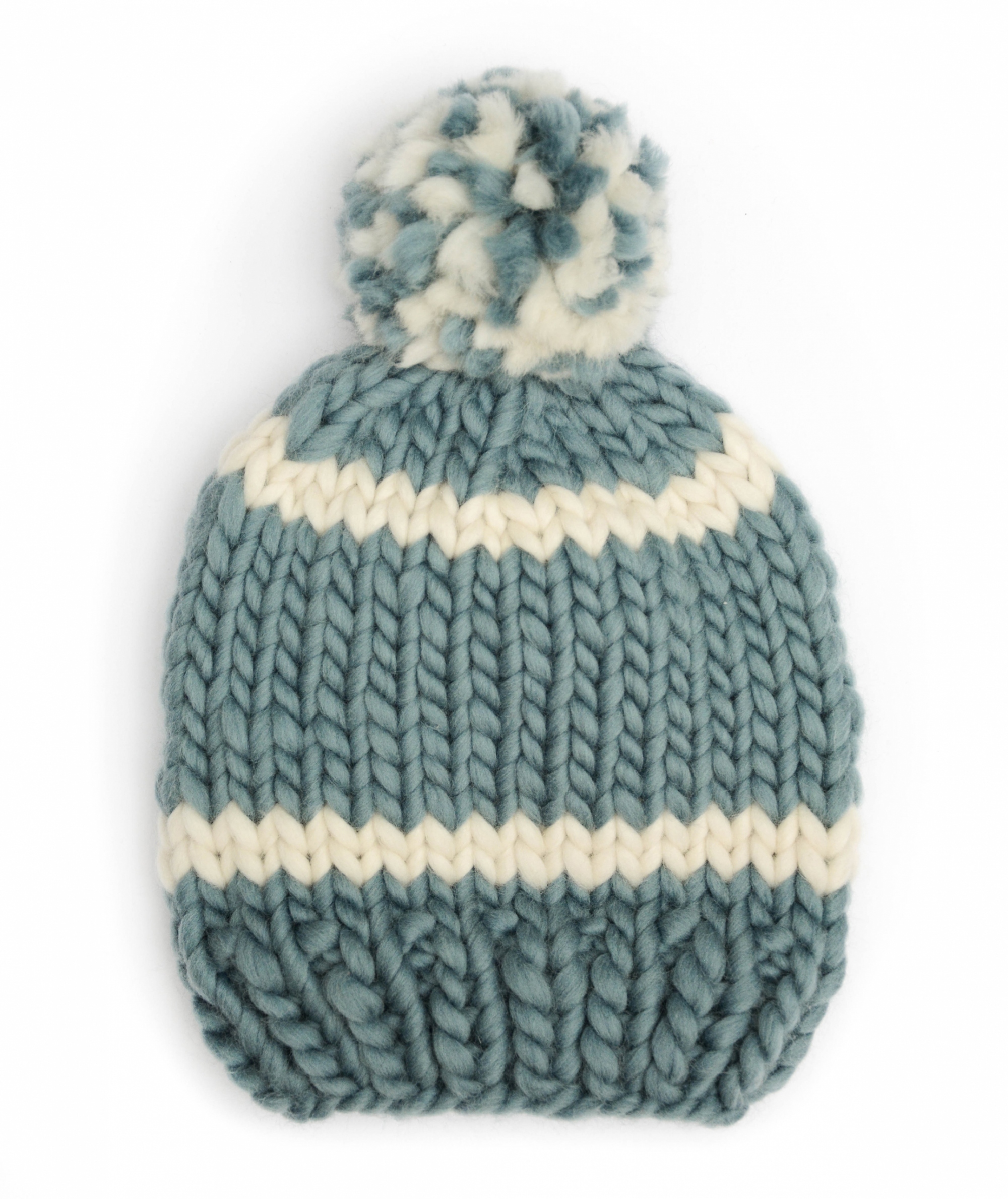 Handmade wool hats - Stone and Ivory striped bobble hat with mixed colour pom pom. Click to customise.