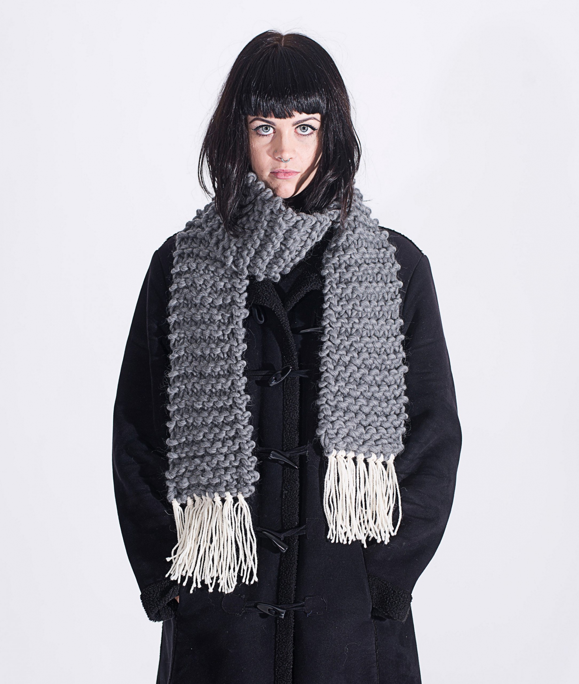 Handmade woolly scarves - Grey scarf with Ivory tassels. Click to customise.