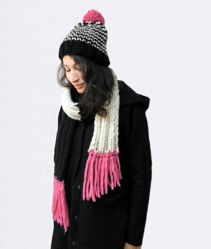 Handmade woolly scarves - Black and Ivory scarf with Bubblegum tassels. Click to customise.
