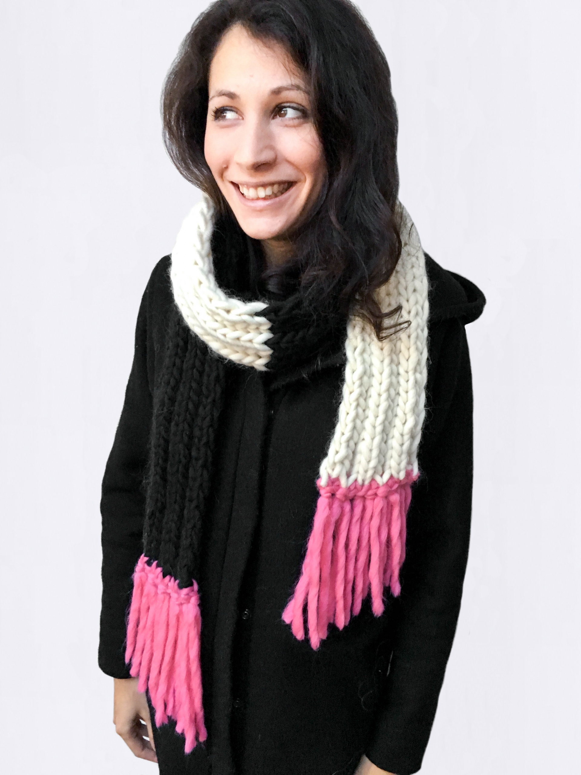 Handmade woolly scarves - Black and Ivory scarf with Bubblegum tassels. Click to customise.