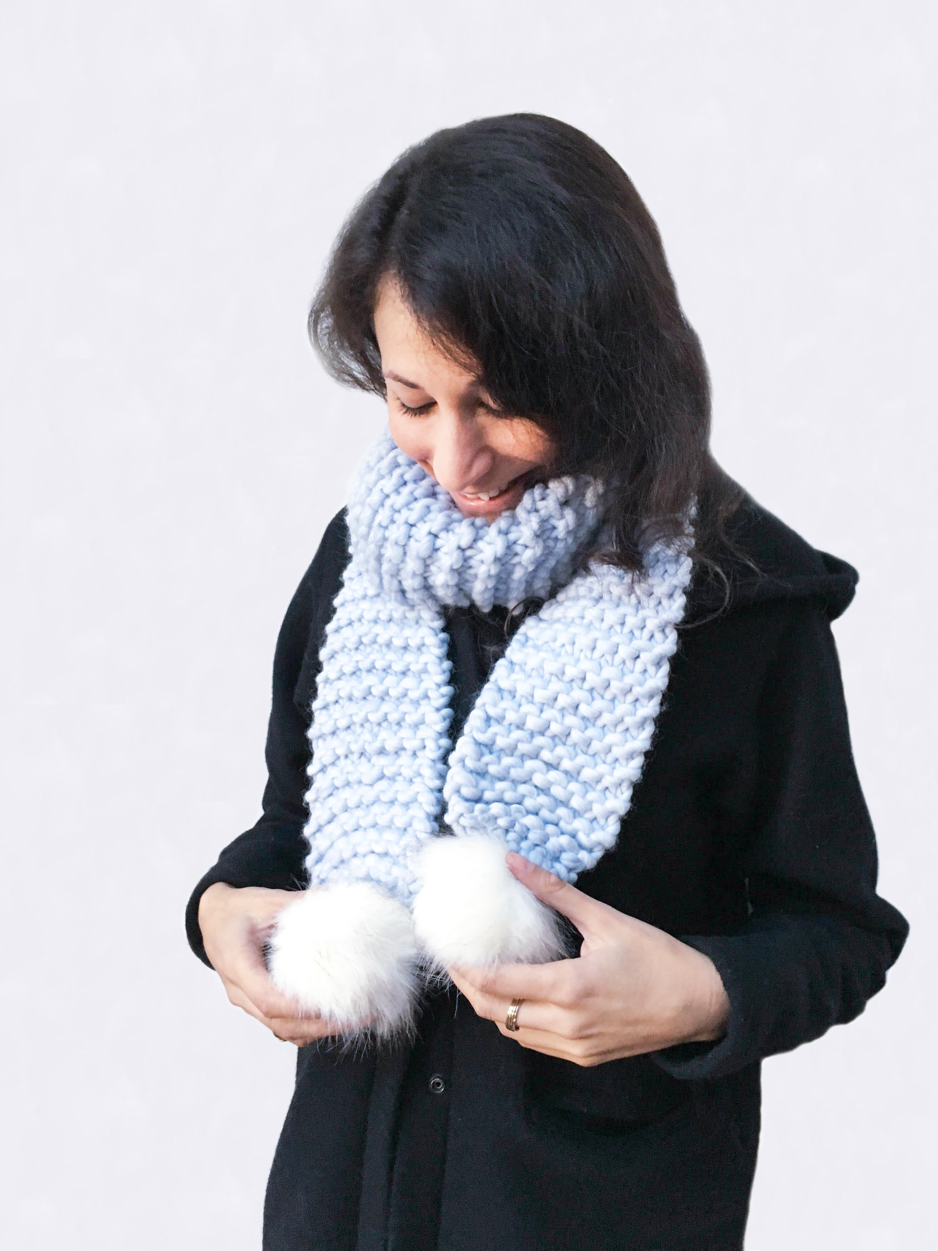 Handmade woolly scarves - Periwinkle scarf with white furry pom poms. Click to customise.
