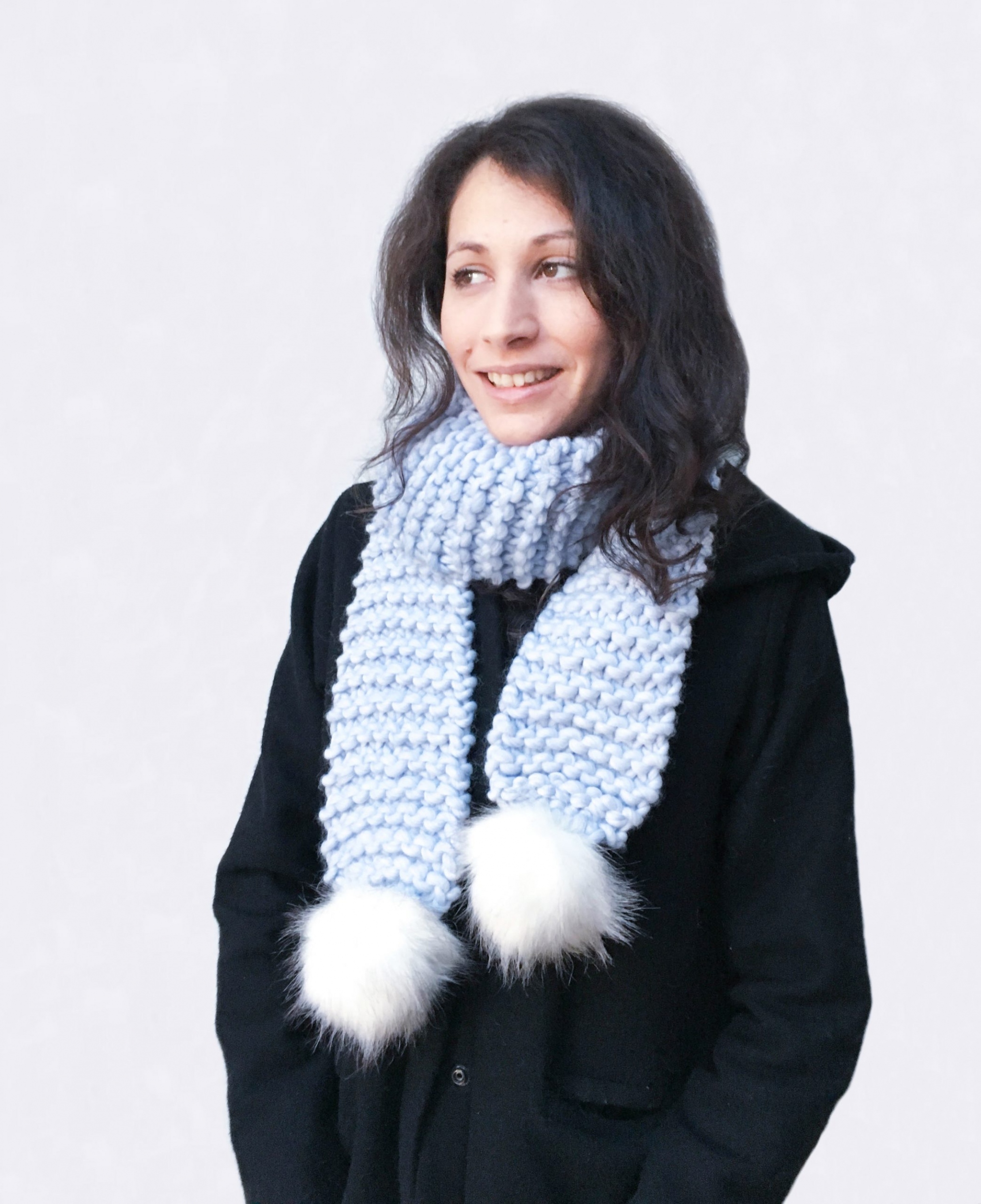 Handmade woolly scarves - Periwinkle scarf with white furry pom poms. Click to customise.